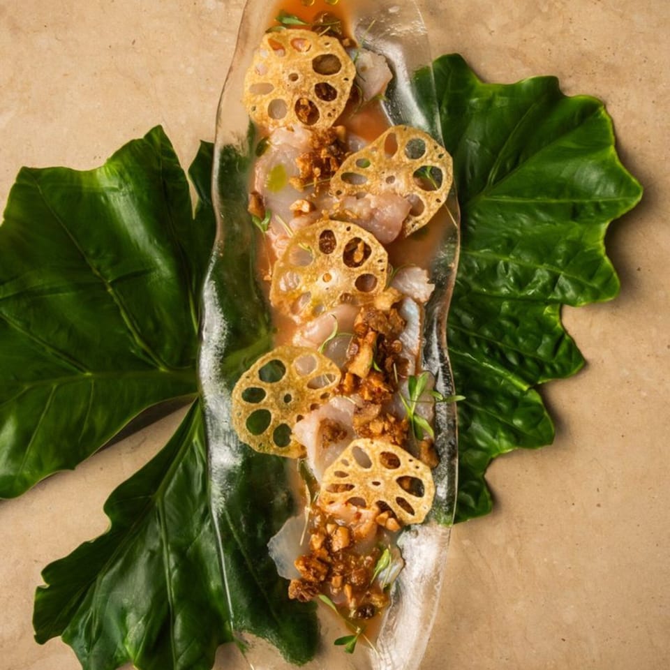 AquaSan's Asian dish with sliced fish, lotus root chips, and sauce on a clear plate.